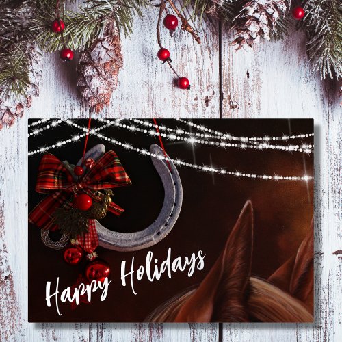 Happy Holidays Horse and Horseshoe Christmas Flat Foil Holiday Card