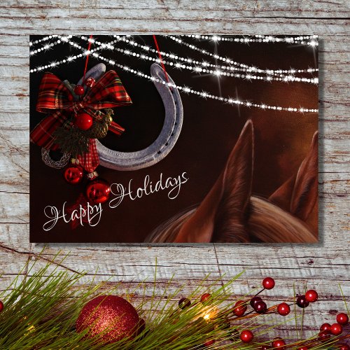 Happy Holidays Horse and Horseshoe Christmas Holiday Card