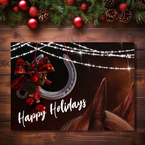 Happy Holidays Horse and Horseshoe Christmas Holiday Card