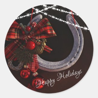 Happy Holidays Horseshoe and Christmas Bow Classic Round Sticker