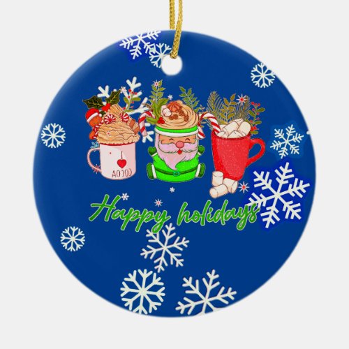 Happy Holidays Hot Cocoa Christmas Santa Cup Ceramic Ornament