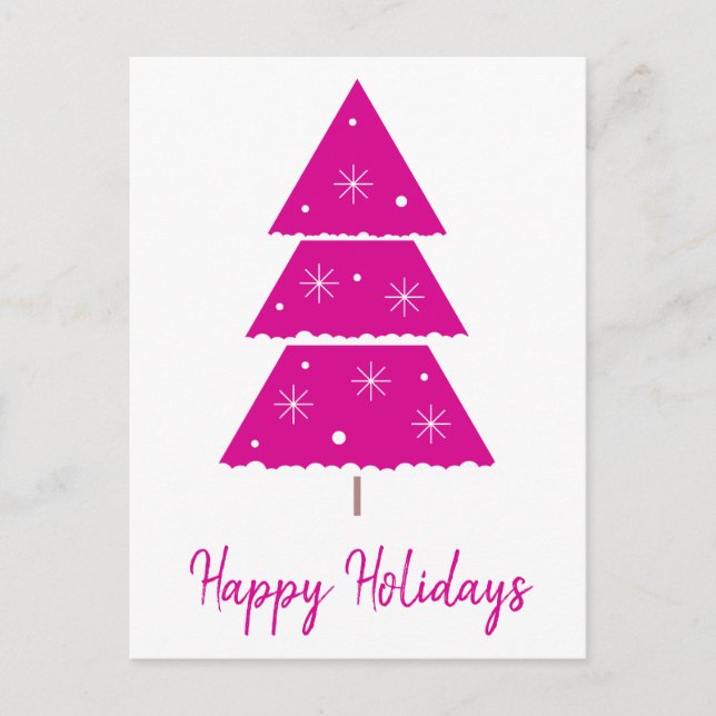 Happy Holidays Hot Pink Christmas Tree Snowflakes Holiday Postcard (Front)