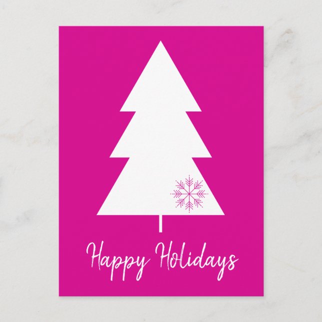 Happy Holidays Hot Pink White Christmas Tree Holiday Postcard (Front)