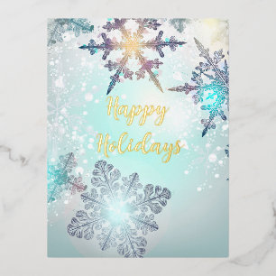 Happy Holidays Ice Blue Snowflake Foil Holiday Postcard