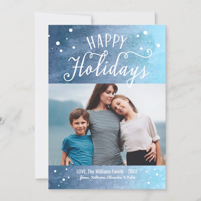 Happy Holidays Ice Blue Snowy Watercolor Photo Holiday Card (Front)