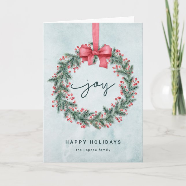 Happy Holidays Illustrated Christmas Bow Wreath Card (Front)