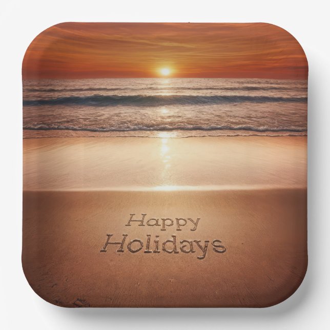 Happy Holidays In Beach Sand Paper Plates (Front)