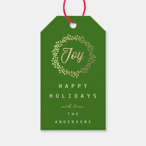 Happy Holidays Joy Champaigne Gold Green Gift Tags