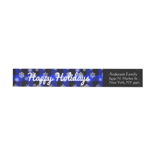 Happy Holidays l Snowflakes Blue Buffalo Plaid Wrap Around Label