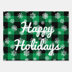 Happy Holidays l Snowflakes Green Buffalo Plaid Yard Sign