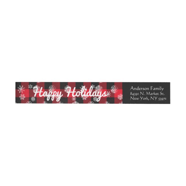 Happy Holidays l  Snowflakes Red Buffalo Plaid Wrap Around Label (Individual)