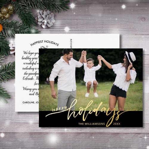 Happy Holidays Large Photo Christmas Letter Black Foil Holiday Postcard