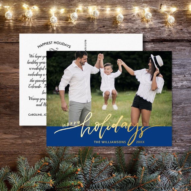 Happy Holidays Large Photo Christmas Letter Blue Foil Holiday Postcard (Creator Uploaded)