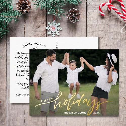 Happy Holidays Large Photo Christmas Letter Gold Foil Holiday Postcard