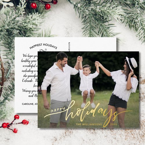 Happy Holidays Large Photo Christmas Letter Gold Foil Holiday Postcard