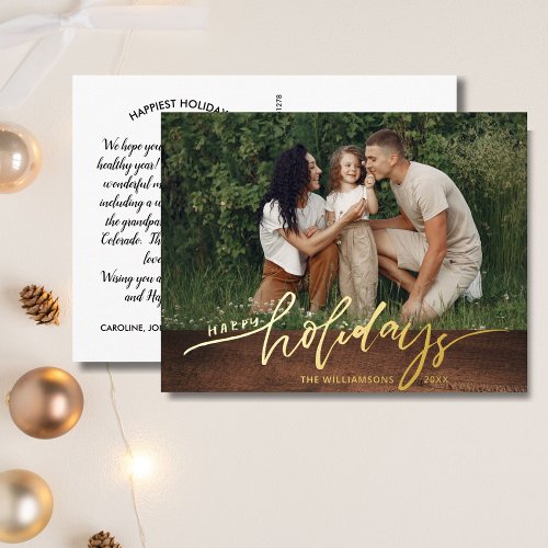 Happy Holidays Large Photo Christmas Letter Rustic Foil Holiday Postcard