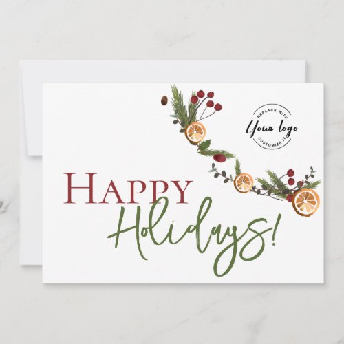 Happy Holidays leaves Oranges wreath Custom Logo Holiday Card