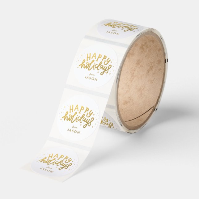 Happy Holidays Lettering Gold Christmas Classic Round Sticker (Roll)