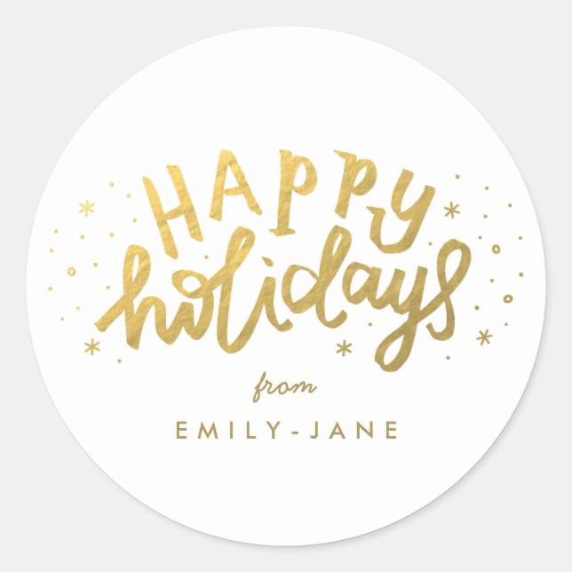 Happy Holidays Lettering Gold Christmas Classic Round Sticker (Front)