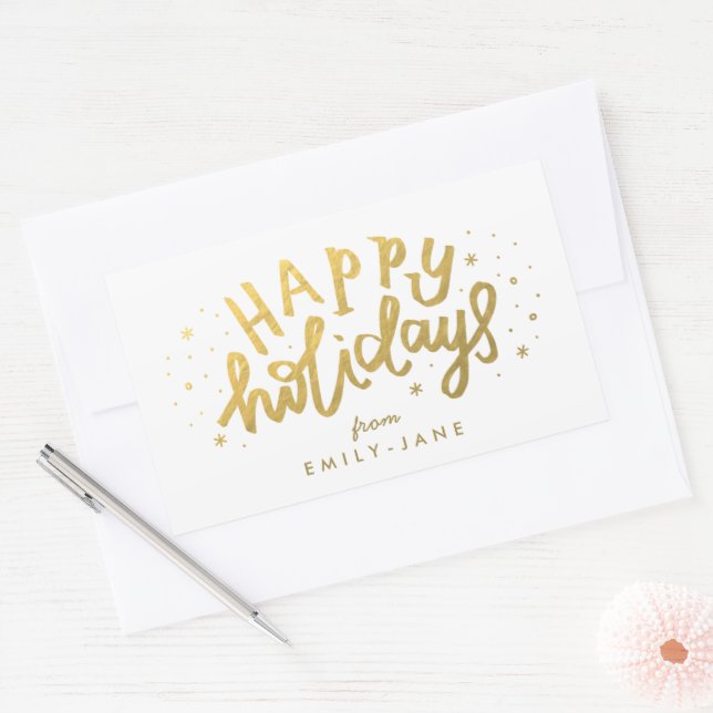 Happy Holidays Lettering Gold Foil Christmas Rectangular Sticker (Envelope)