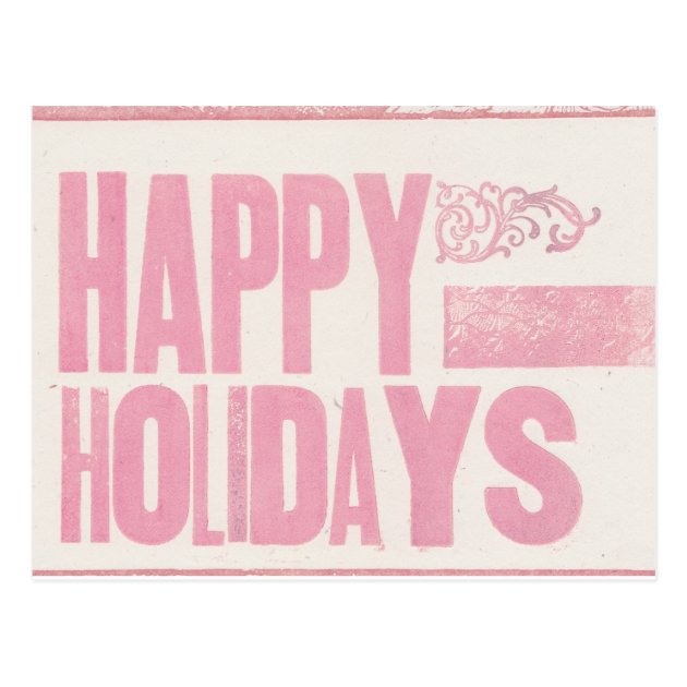 Happy Holidays Letterpress Printed Postcard Pink