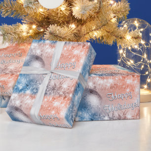 Happy Holidays Light Blue and Coral Christmas Wrapping Paper