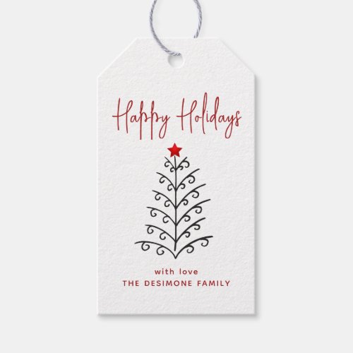 Happy Holidays Line Art Tree Red Gift Tags