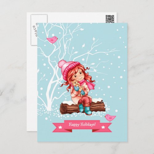 Happy Holidays Little Girl and Kitty Christmas  Holiday Postcard