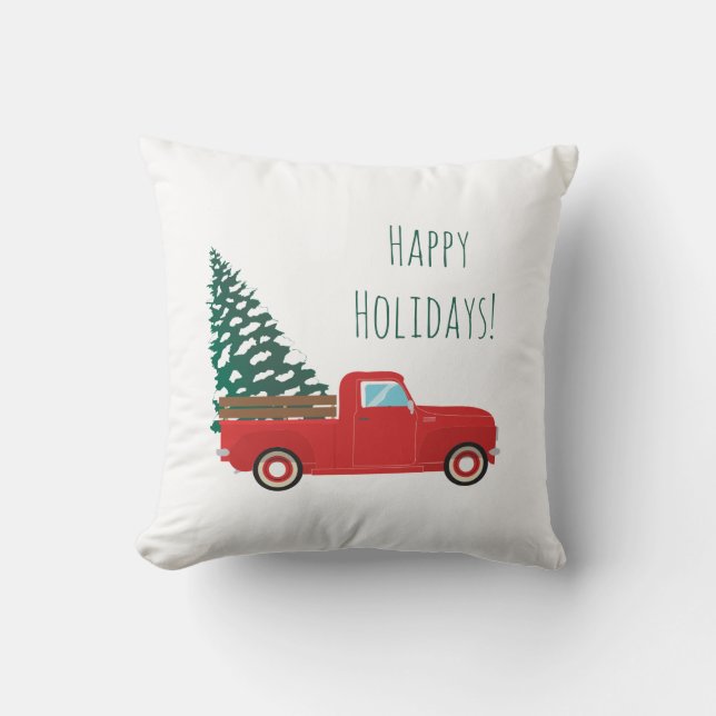 Happy Holidays Little Pickup Car Christmas Tree Throw Pillow (Front)