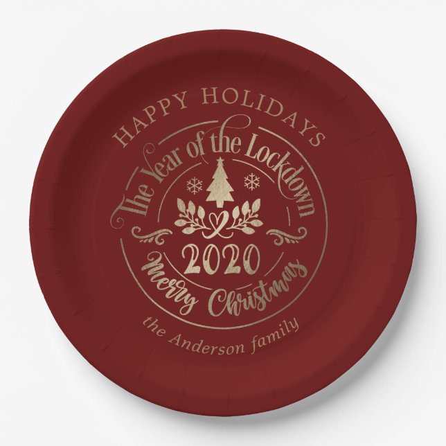 happy holidays lockdown year gold red paper plates (Front)