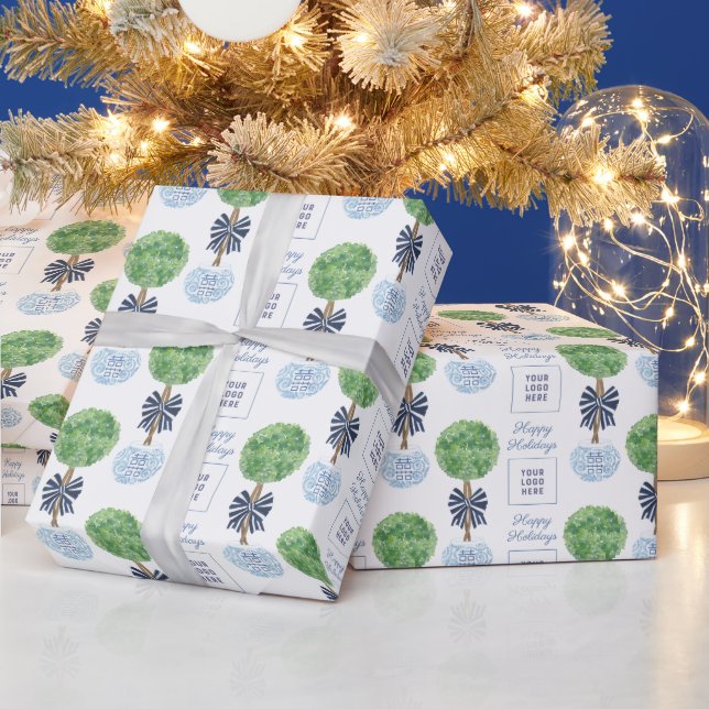 Happy Holidays Logo Preppy Boxwood Christmas  Wrapping Paper (Holidays)