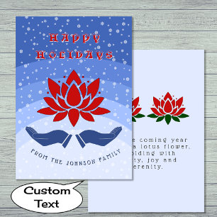 Happy Holidays lotus flower custom text blue Holiday Card