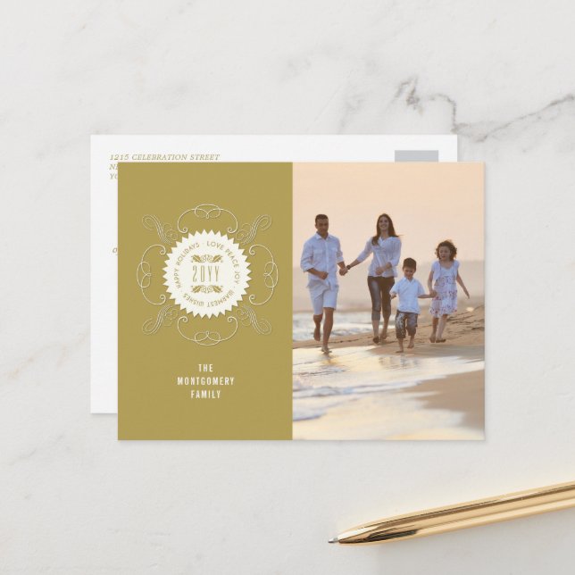 Happy Holidays Love Peace Joy Ornate Seal Photo Holiday Postcard (Front/Back In Situ)