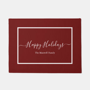 Happy Holidays maroon family name  Doormat