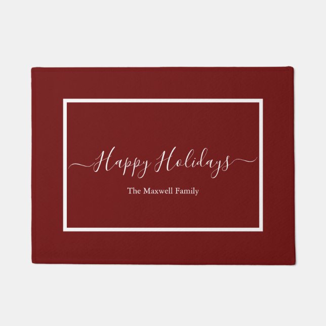 Happy Holidays maroon family name  Doormat (Front)