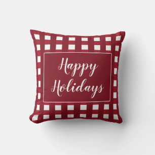 Happy Holidays Maroon White Buffalo Check Throw Pillow