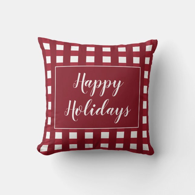 Happy Holidays Maroon White Buffalo Check Throw Pillow (Front)