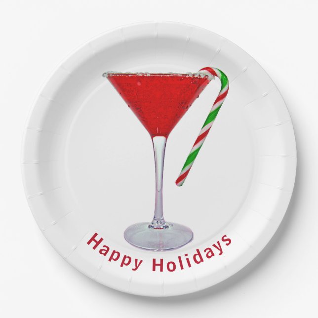 Happy Holidays Martini Glass   Paper Plates (Front)