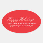 Happy Holidays Merry Christmas Bright Red Family Oval Sticker