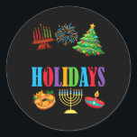 Happy Holidays Merry Christmas Happy Hanukkah Happ Classic Round Sticker<br><div class="desc">Happy Holidays Merry Christmas Happy Hanukkah Happy Kwanzaa</div>