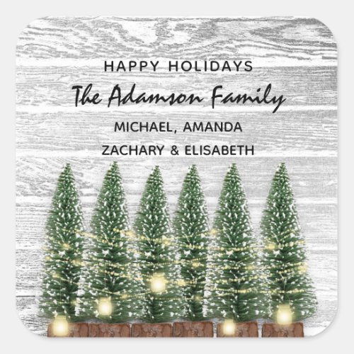 Happy Holidays Merry Christmas Tree Name Rustic Square Sticker