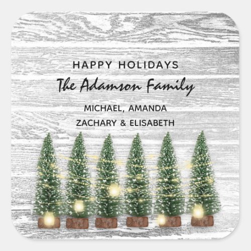 Happy Holidays Merry Christmas Tree Name Rustic Square Sticker