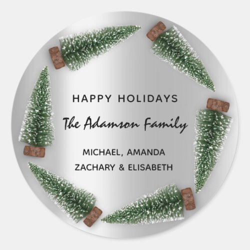 Happy Holidays Merry Christmas Tree Name Silver Classic Round Sticker