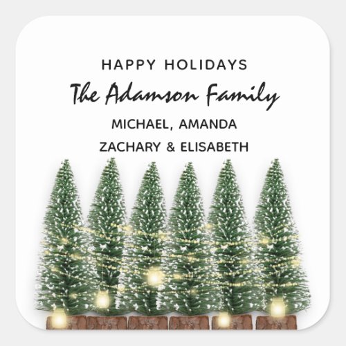 Happy Holidays Merry Christmas Tree Name White Square Sticker