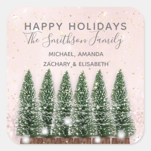 Happy Holidays Merry Christmas Trees Gold Pink Square Sticker