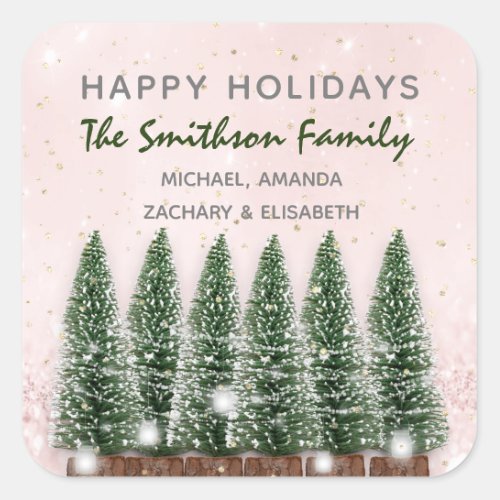 Happy Holidays Merry Christmas Trees Lights Pink Square Sticker