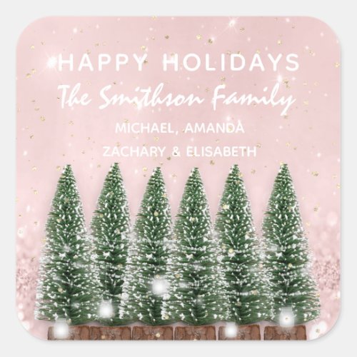 Happy Holidays Merry Christmas Trees Name Pink Square Sticker