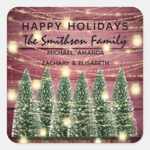 Happy Holidays Merry Christmas Trees Name Wood Square Sticker