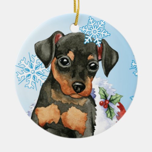 Happy Holidays Min Pin Ceramic Ornament