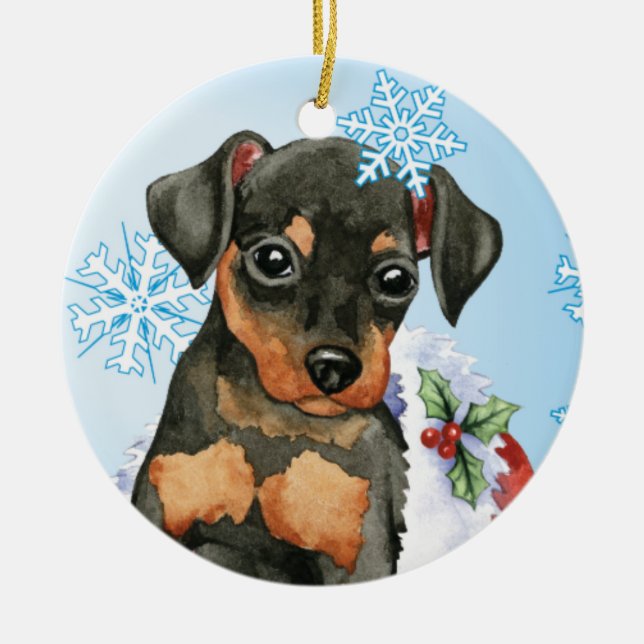 Happy Holidays Min Pin Ceramic Ornament (Front)